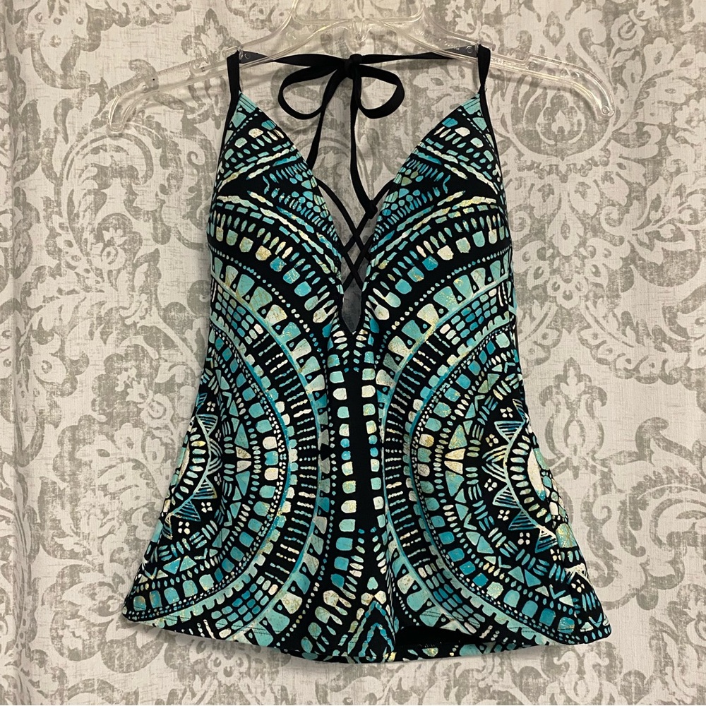Kenneth Cole Reaction Black and Turquoise Patterned Tankini Top